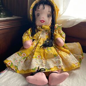 Vintage handmade cloth doll primitive embroidered 18”/19”.
